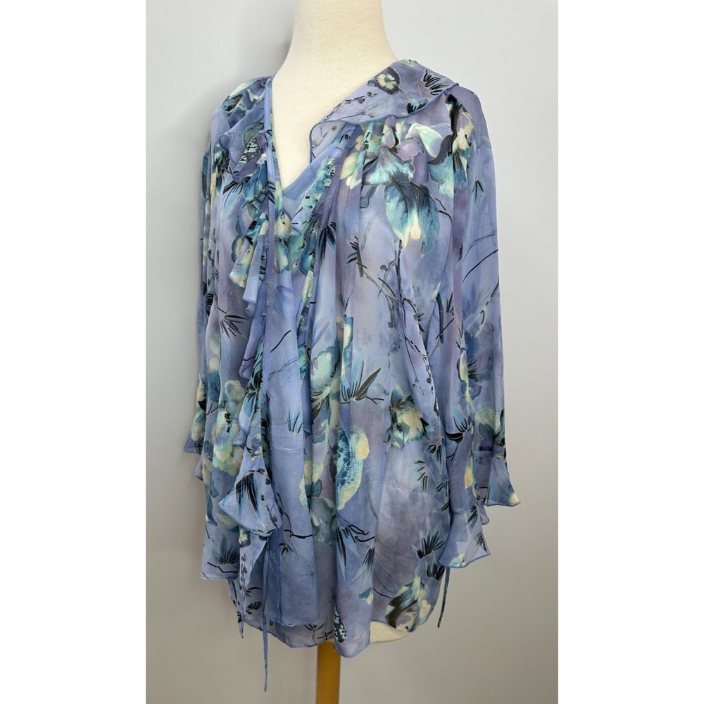 Midnight Velvet 100% Silk Ruffle Wrap Blouse Blue Floral Sheer Top Plus Size 18W - Picture 10 of 13